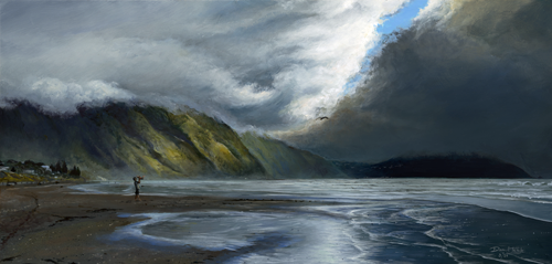 Paekakariki beach. Acrylic on board.